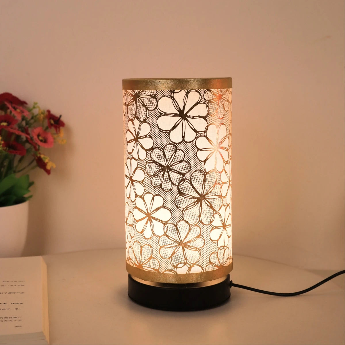 Zylindrische Tischlampe Aus Leinen, Vintage-Blumen-Nachtlicht
