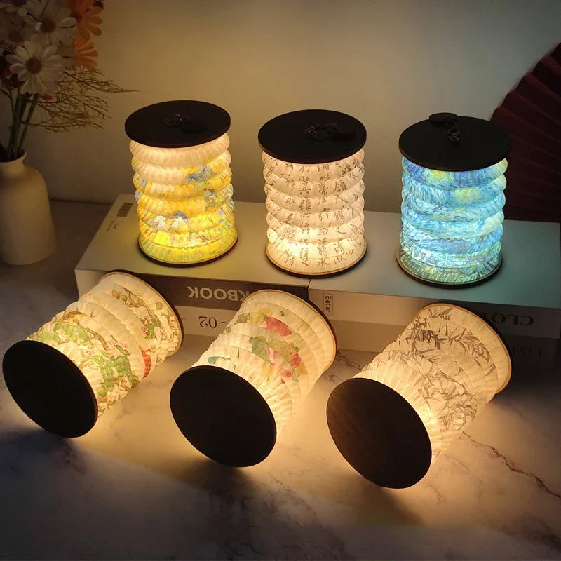 Faltbare Laternen-Nachtlampe, Aus Papier Und Walnuss