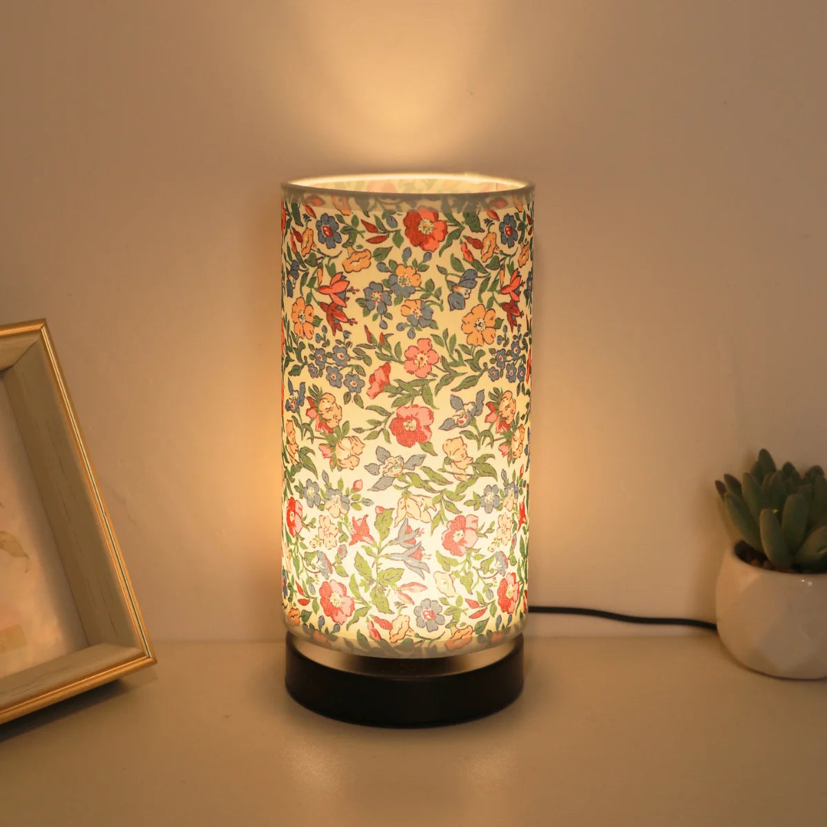 Zylindrische Tischlampe Aus Leinen, Vintage-Blumen-Nachtlicht
