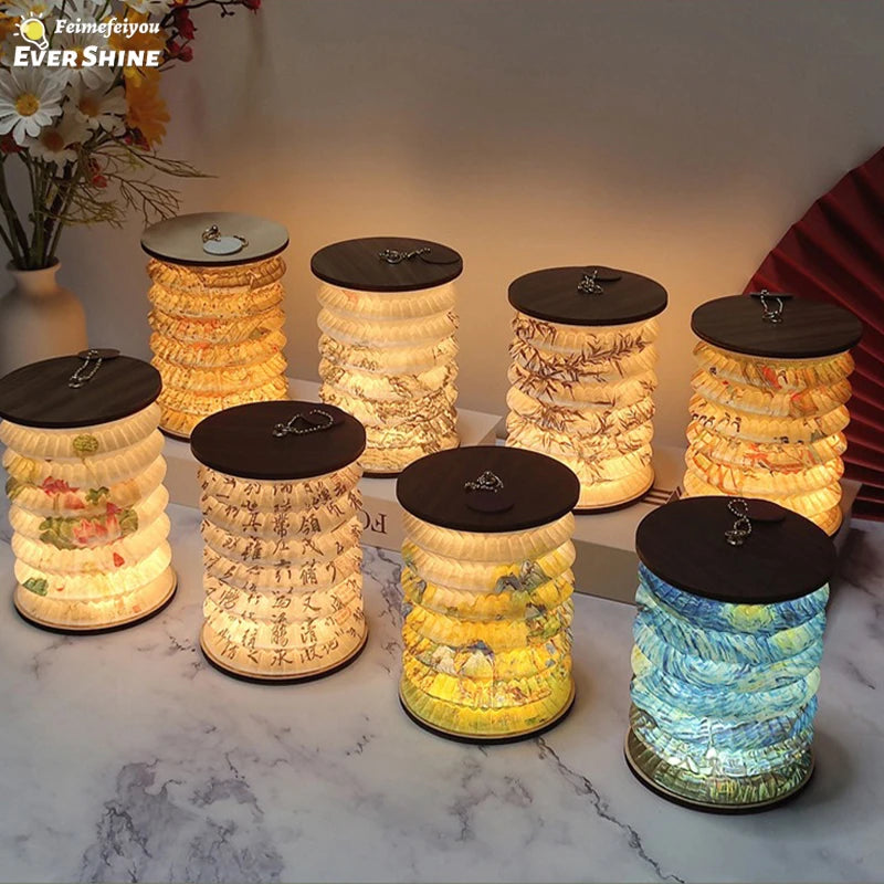 Faltbare Laternen-Nachtlampe, Aus Papier Und Walnuss
