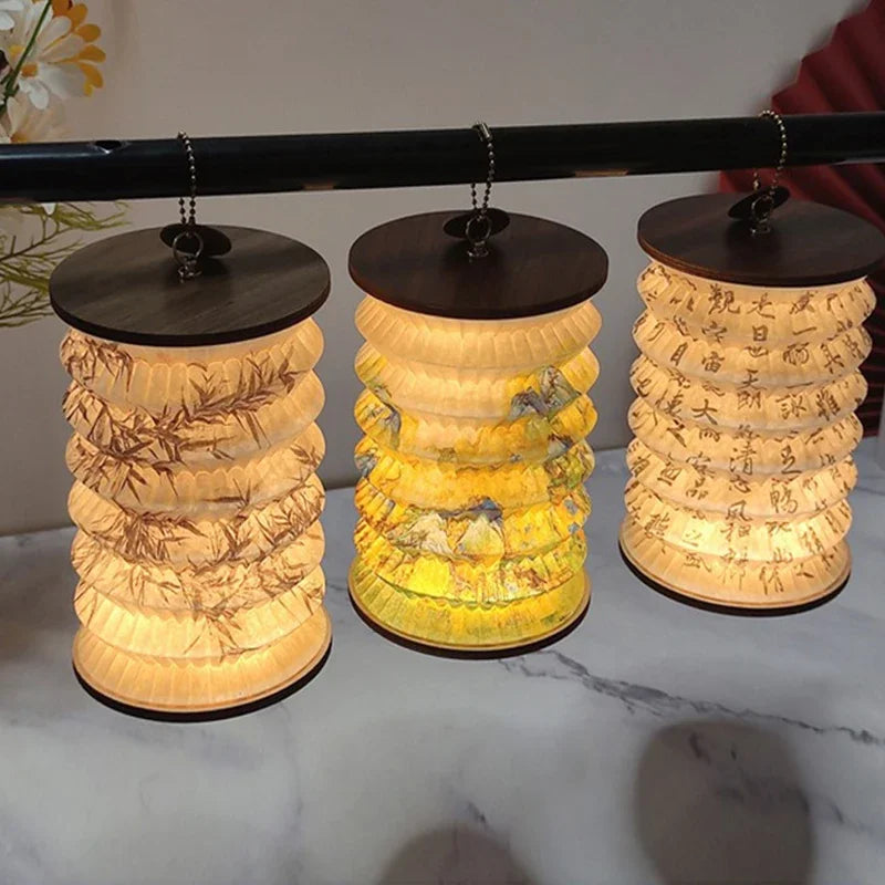 Faltbare Laternen-Nachtlampe, Aus Papier Und Walnuss
